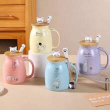 日式清新卡通紫貓杯,可愛陶瓷杯配蓋及匙,家用水杯或辦公室情侶間使用的水杯