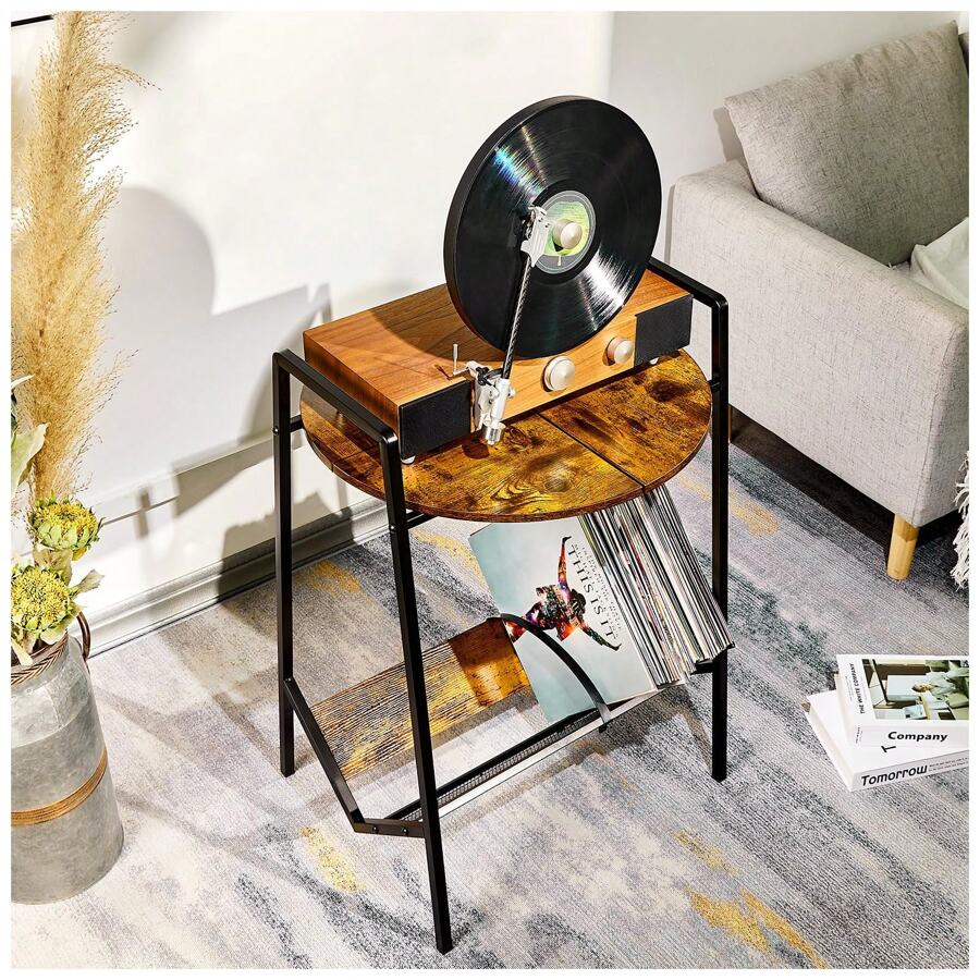 Record Player Stand, Turntable Stand, Record Player Table, Wood Record Player Stand, Turntable Stand With Record Storage, Record Player Holder Can Hold 90 LP Vinyl Storage - round storage rack - View 1
