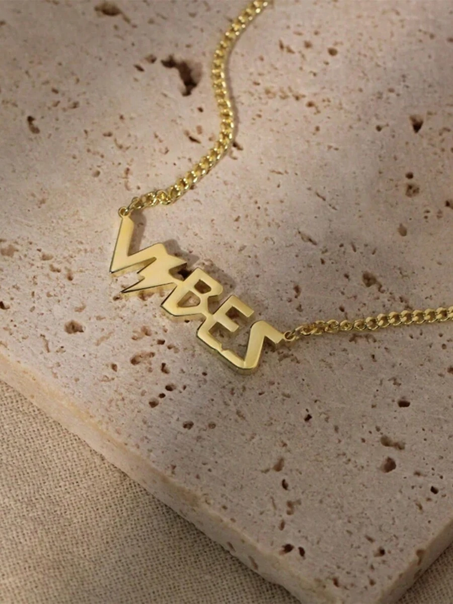 1 Pc Golden Color Lightening Initials Letters VIBES Delicate Pendant Necklace for Women - Gold - View 1
