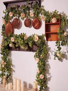 1入組模擬花8pcs/8cm山茶花花環,配尤加利葉作為婚禮、派對、家居裝飾