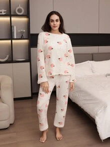 Conjunto De Pijama De Franela De Piel De Durazno Para Mujeres - Albaricoque - Ver 4