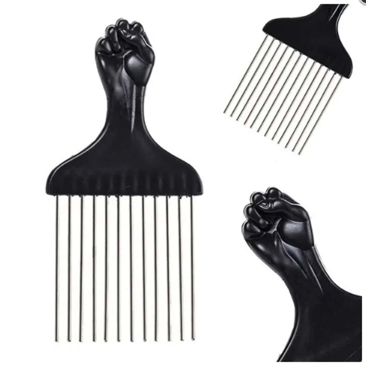 1 pièce Peigne afro en métal Poing noir C818, brosse à cheveux, peigne, outils pour les cheveux, produits et accessoires capillaires pour barbier, salon de beauté, essentiels de voyage