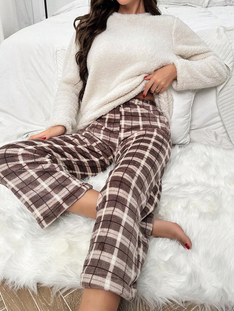 Nina Bonheur 2pcs Women's White Comfortable Coral Fleece Top And Casual Grid Pattern Pants Pajama Set - White - View 1