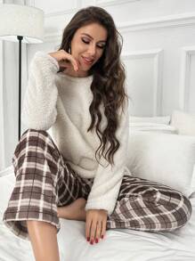 Nina Bonheur 2pcs Women's White Comfortable Coral Fleece Top And Casual Grid Pattern Pants Pajama Set - White - View 4