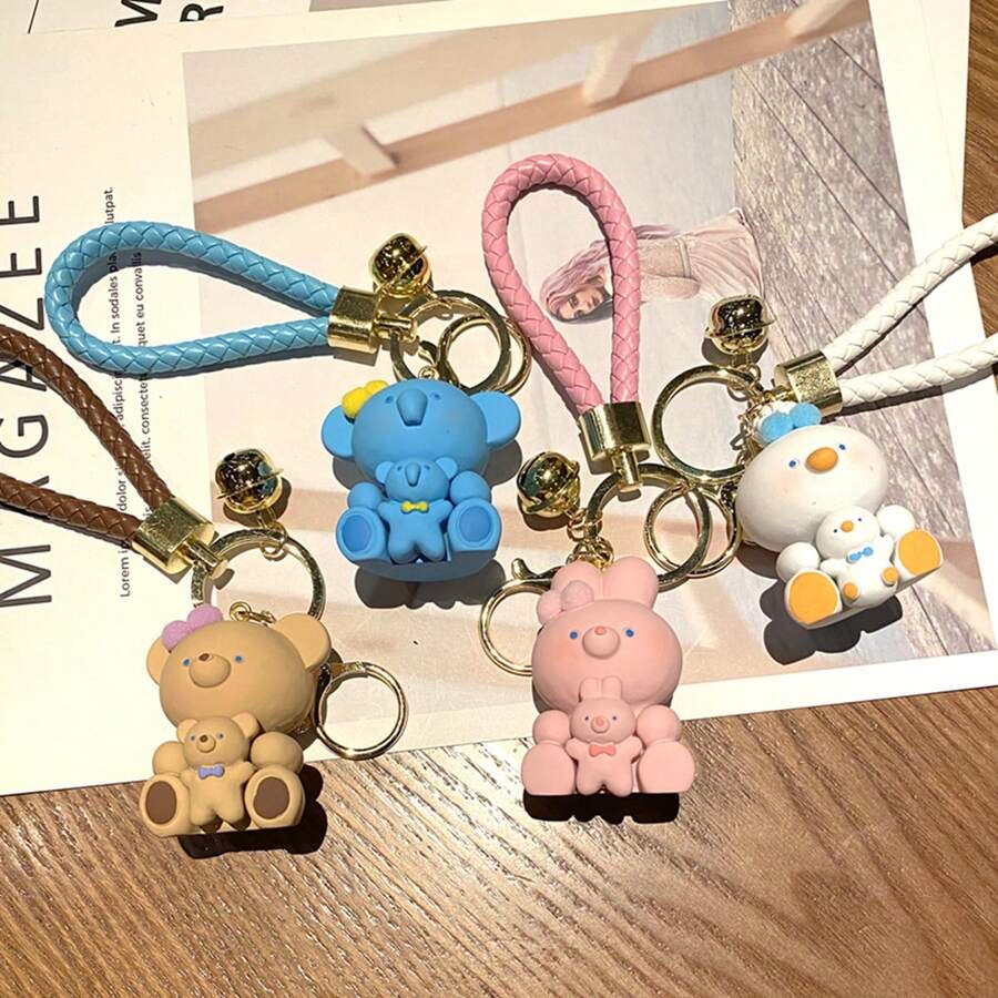 卡通可爱动物钥匙扣（兔子，熊，小鸭，大象）适用于汽车，箱包装饰，韩版汽车饰品女 - 卡其色 - 查看 1