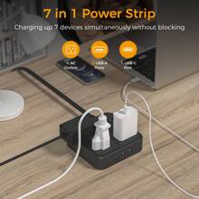 Flat Plug Power Strip, TESSAN 5 Ft Ultra Thin Black Extension Cord With 3 USB Wall Charger(1 USB C Port), 4 Outlets Black Power Strip Compact For Travel, Office, School, Dorm Room Essentials - 黑色 - 查看 5