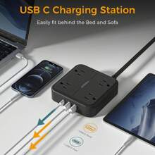 Flat Plug Power Strip, TESSAN 5 Ft Ultra Thin Black Extension Cord With 3 USB Wall Charger(1 USB C Port), 4 Outlets Black Power Strip Compact For Travel, Office, School, Dorm Room Essentials - 黑色 - 查看 4