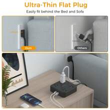 Flat Plug Power Strip, TESSAN 5 Ft Ultra Thin Black Extension Cord With 3 USB Wall Charger(1 USB C Port), 4 Outlets Black Power Strip Compact For Travel, Office, School, Dorm Room Essentials - 黑色 - 查看 3