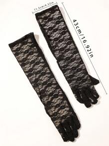 1 雙優雅復古黑色蕾絲網狀鏤空長肘女手套,適合所有季節、派對和舞會