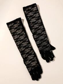 1 雙優雅復古黑色蕾絲網狀鏤空長肘女手套,適合所有季節、派對和舞會