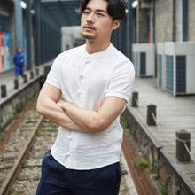 Mandarin Collar Solid Color Short Sleeve Shirt -Bruce Lee - White - View 5