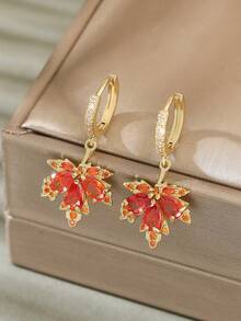 1pair Luxurious Copper & Red & Maple Leaf Shaped Dangle Earrings For Fall And Winter Date Gift - Multicolor - View 6