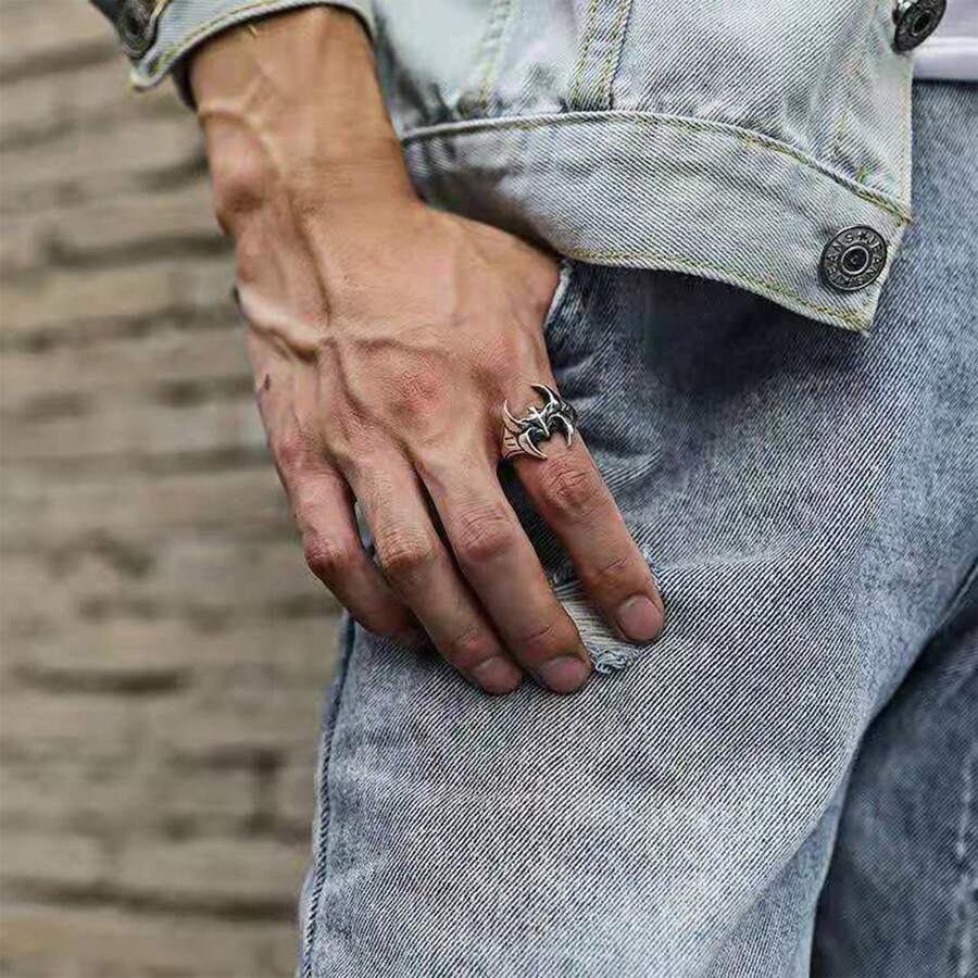 1 pieza Anillo para hombre, anillo de dedo índice personalizado de plata tailandesa creativa, joyería de anillo único de moda para hombres - Plata antigua - Ver 1