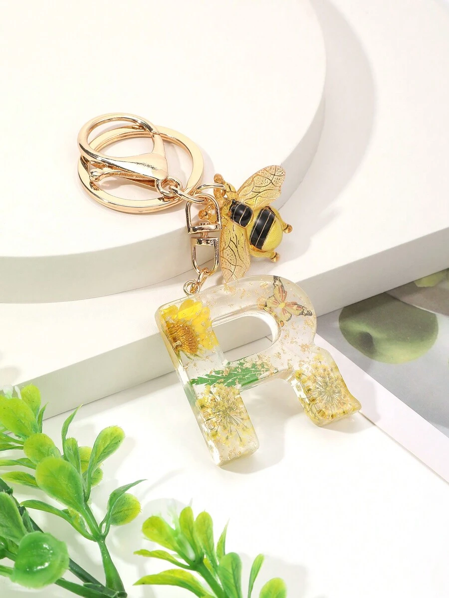 1入組女性時尚蜜蜂、雛菊和乾花、蝴蝶、字母r裝飾萬用鑰匙扣吊墜