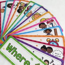 Conjunto de 16 tarjetas didácticas de aprendizaje con palabras interrogativas, titulares para pizarras y decoración del aula para profesores, auxiliares de enseñanza Montessori, suministros escolares para estudiantes y papelería escolar.