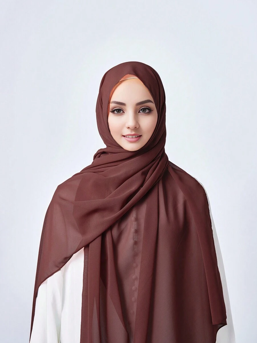 1pc Ladies'solid Color Chiffon elegance Breathable Scarf Suitable for Daily - Redwood - View 1