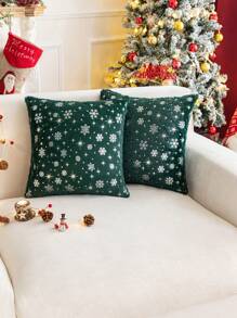 1pc Metallic Silver Snowflake Plush Green Pillow Cover Without Filler - Green - View 1