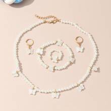 Butterfly Pendant & Pearl Jewelry Set For Kids, Including 1pc Necklace, 1pc Bracelet, 1pc Adjustable Ring, And 1pair Earrings - White - View 1