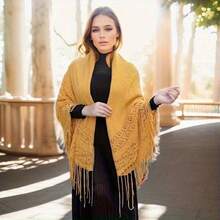 LACE MONDE Versatile Long Plain Knitted Shawl With Tassels, Multi-Functional Scarf & Cape For Autumn & Winter - Apricot - View 7