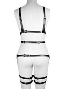 Pu Leather Bondage Suit With Hollow Design, Alternative Outfit For Clubbing, Transparent And Alluring - Black - View 7