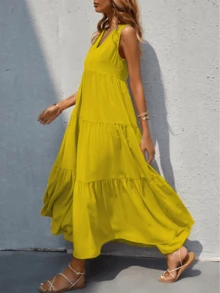 Vestido largo sin mangas y  cuello V - Amarillo - Ver 3
