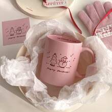 1pc Fashionable Minimalist Ceramic Pink Letter Cup - pink merry christmas - View 5