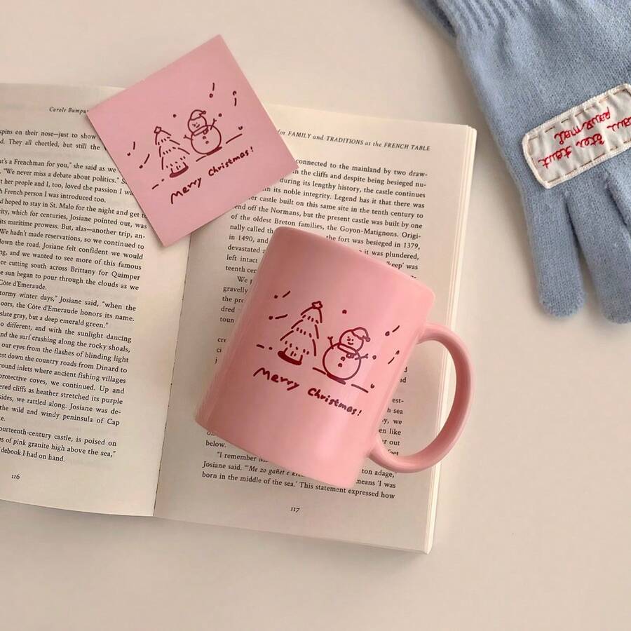1pc Fashionable Minimalist Ceramic Pink Letter Cup - pink merry christmas - View 1