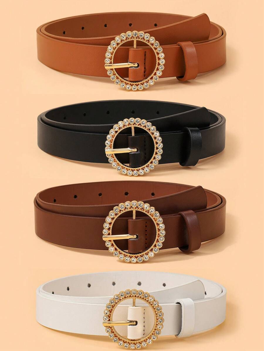4pcs/Set Golden Round Rhinestone Buckle Fashionable And Versatile Women's Belt, Suitable For Daily And Festive Occasions Summer, School Fall, Autumn, Halloween - Multicolor - View 1