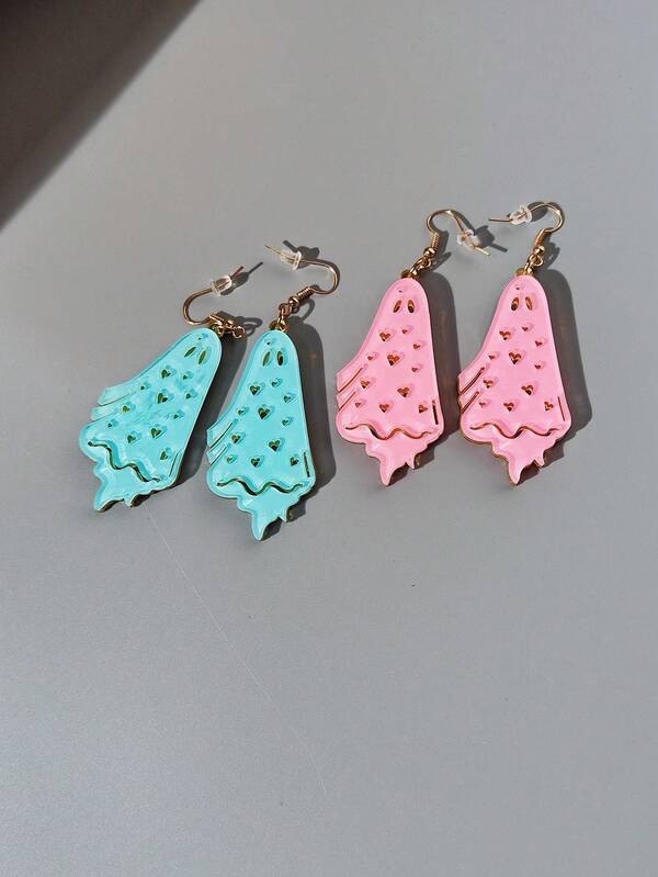 1pair Cute Halloween Acrylic Light Blue/pink Cartoon Ghost Dangle Earrings Halloween Earrings For Women, Suitable For Halloween Party And Daily Wear