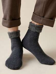 6 Pairs Men's Solid Color Thickened Thermal Mid-Calf Socks, Simple & Versatile