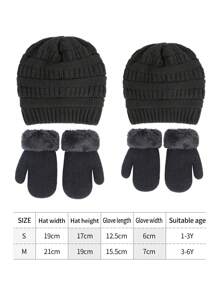 2Pcs Toddler Kids Winter Hat And Gloves Set Knit Beanie Hat Thermal Lined Mittens For Boys Girls 0-3 Years - Black - View 5