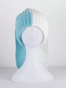 Gorro Tejido Para Mujer Con Bloques De Color Y Orejas De Conejo Largas, Lindo, De Moda Y Adecuado Para Usar Y Mantenerse Caliente En Otoño E Invierno - Celeste - Ver 1