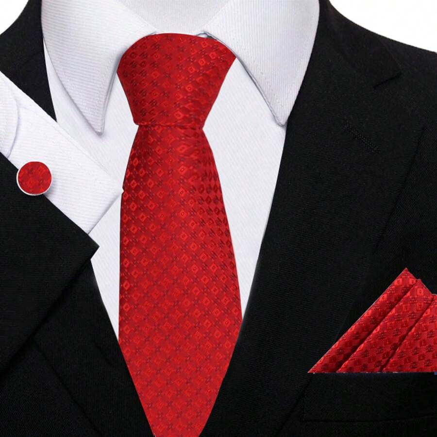 3pcs/set Men's Tie Suit Classic Checked Pattern Tie Pocket Square & Cufflinks Set Suitable For Business Meetings, Weddings, Banquets, Schools - Red - View 1