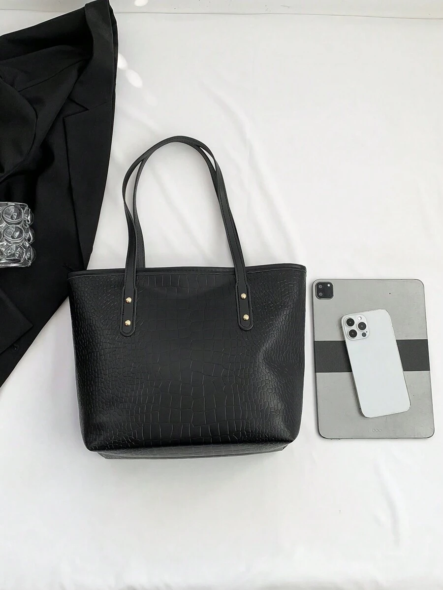 Fashionable Crocodile Print Square Work Tote Bag With Large Capacity And Shoulder Strap - Black - View 1
