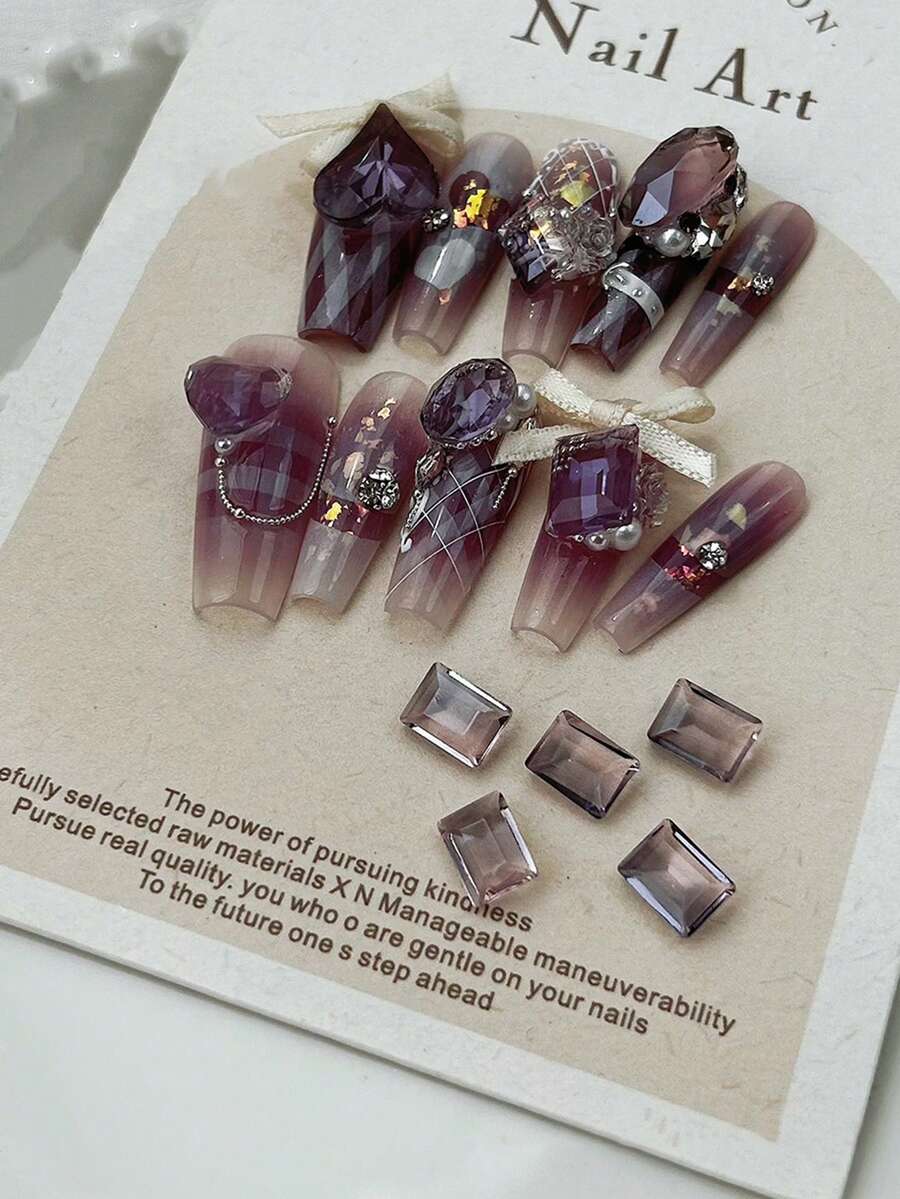 5pcs Purple Plum Colored Glass Nail Rhinestones Decor With Pointed Crystal Diamond - Beige - View 1