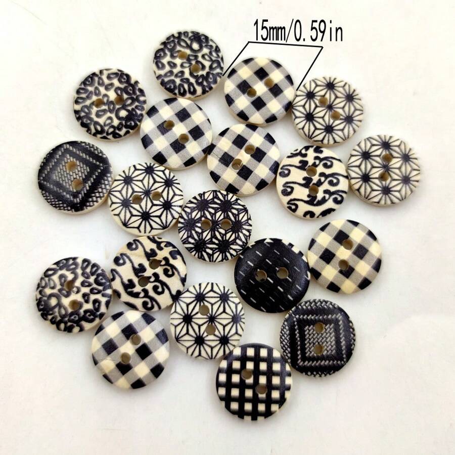 50入組黑色風格花形鈕扣2孔木質鈕扣,縫製手帳diy藝術裝飾用於服裝裝飾,隨機1.5cm/0.59英寸 - 彩色 - 查看 1