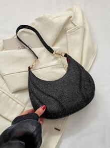 晚餐包,時尚閃亮腋下包,簡約休閒單肩包,手提包,月牙形 - 黑色 - 查看 5