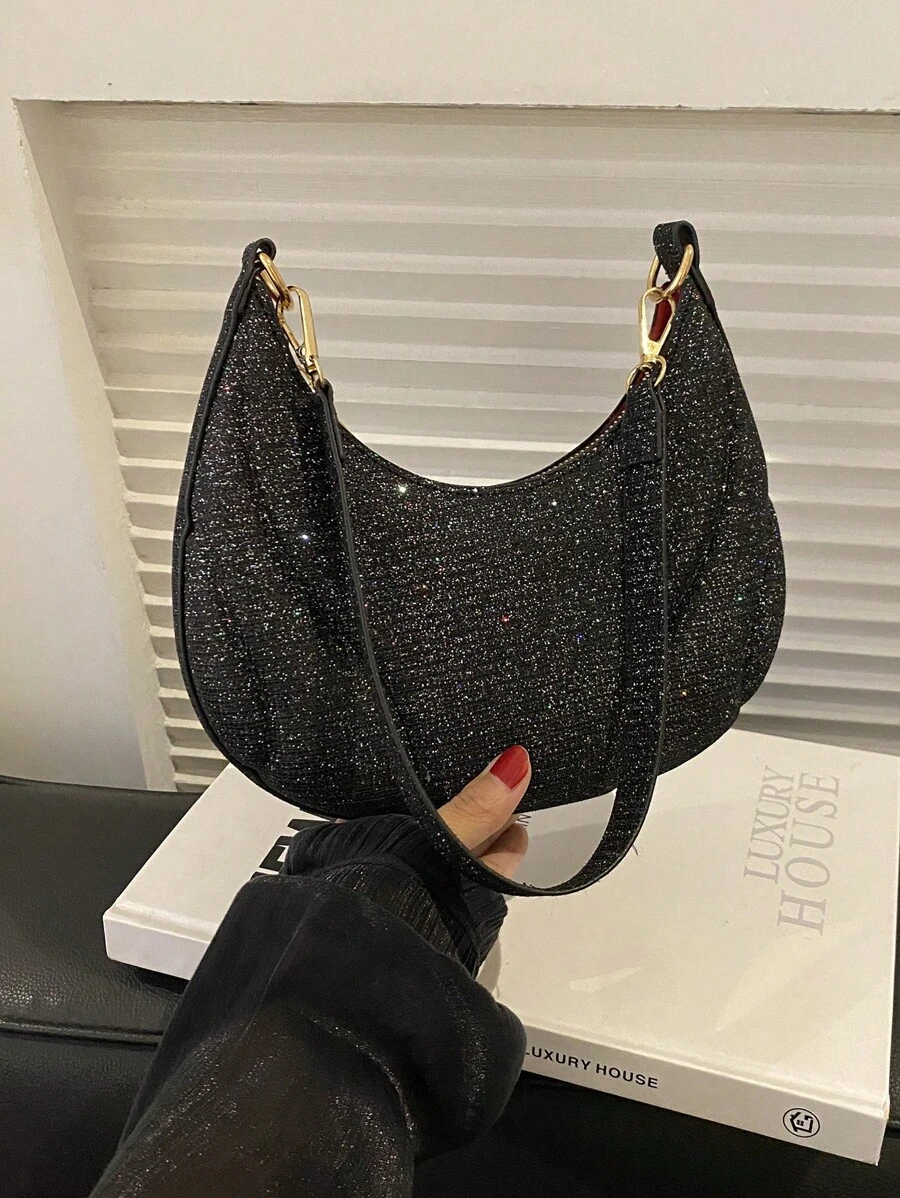 晚餐包,時尚閃亮腋下包,簡約休閒單肩包,手提包,月牙形 - 黑色 - 查看 1