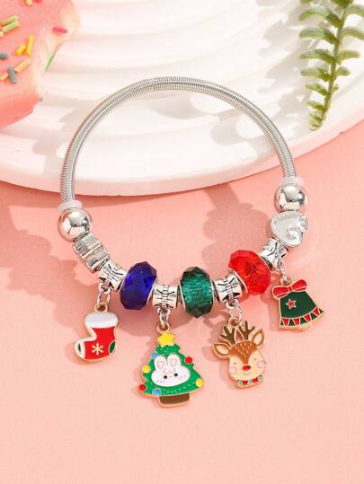 Bracelet Perlé De Noël Fait Main Avec Des Cloches, Des Élans, Des Arbres De Noël, Des Bas Et Des Cristaux, Bijoux De Vacances En Bricolage Pour Les Enfants, La Famille Et Les Amis