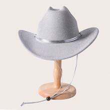 女士/男士哑光丝绸西部牛仔帽、爵士帽、复古羊毛宽边帽，配银色和 PU 皮革防风绳，欧美风格户外旅行派对帽