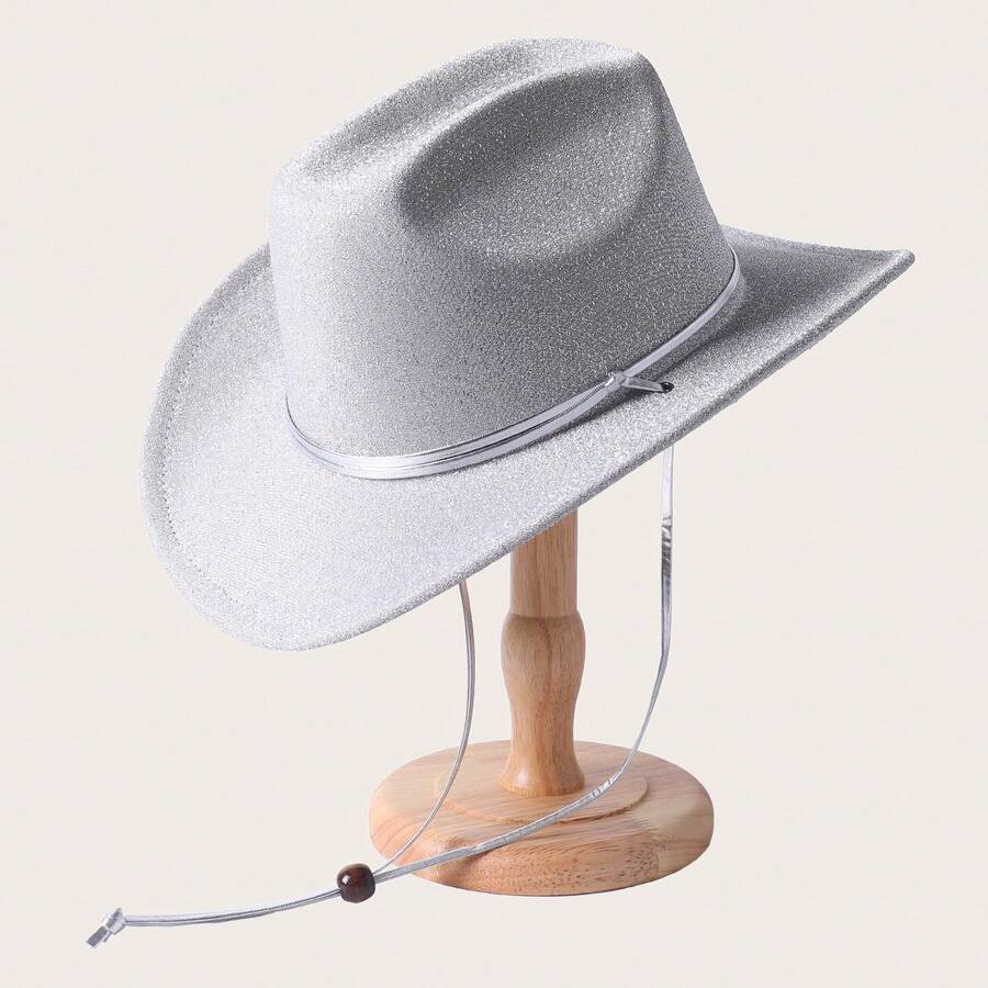 女士/男士哑光丝绸西部牛仔帽、爵士帽、复古羊毛宽边帽，配银色和 PU 皮革防风绳，欧美风格户外旅行派对帽