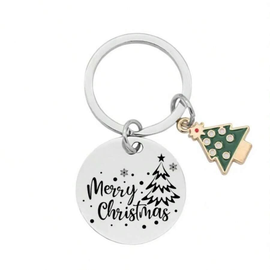 1入組不分男女適用的「聖誕快樂」不銹鋼鑰匙扣,配有禮物和聖誕樹形吊墜 - 彩色 - 查看 1