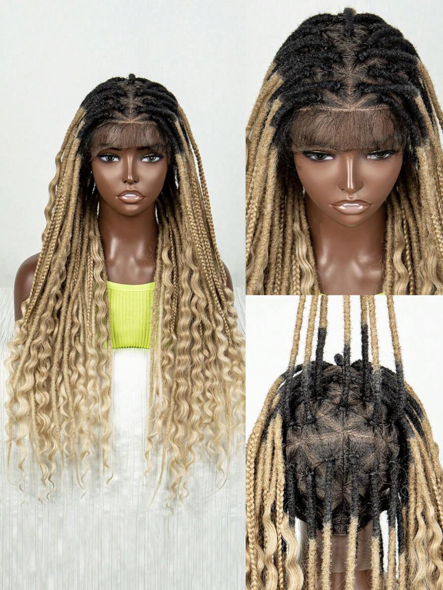 盒式辫子假发，双层全蕾丝无结女神辫假发，卷发尾，方形分缝编织蕾丝假发，预先拔毛并带有婴儿发，女士款 - 彩色 - 查看 1