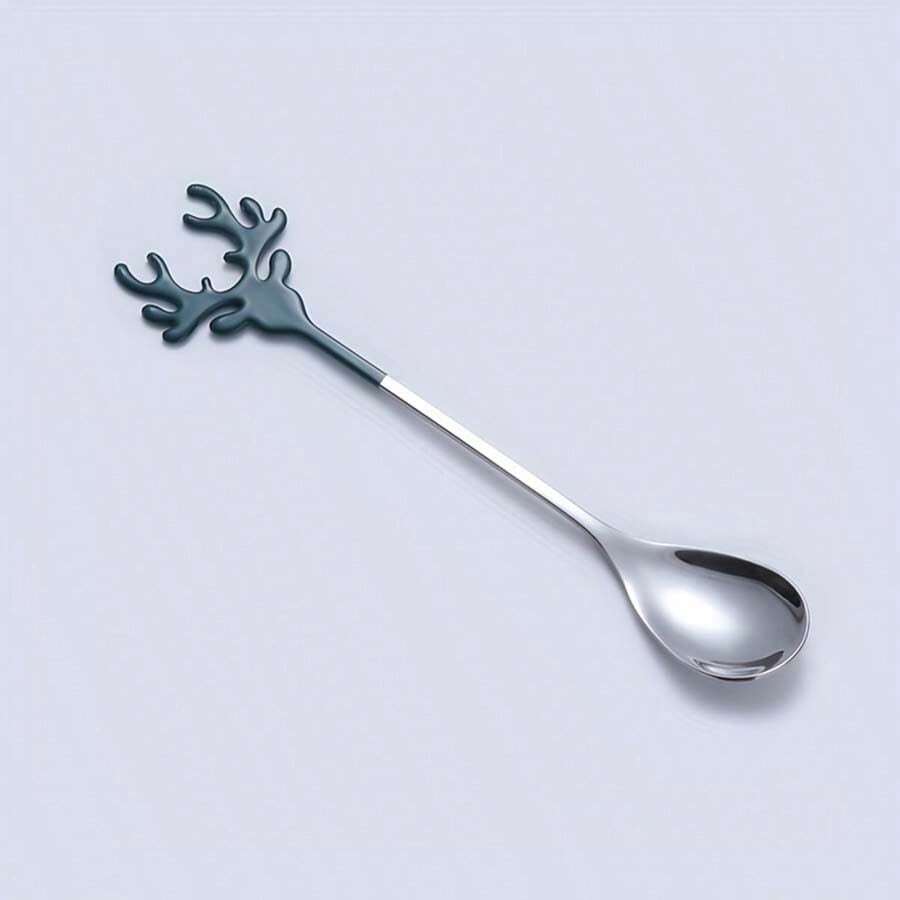 1pc Stainless Steel Christmas Reindeer Coffee Spoon - Green - View 1