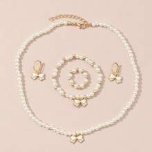 兒童珠寶套裝，包括1條蝴蝶結吊墜珍珠項鍊、1個手鍊、1枚戒指、1副耳環 - 白色 - 查看 4