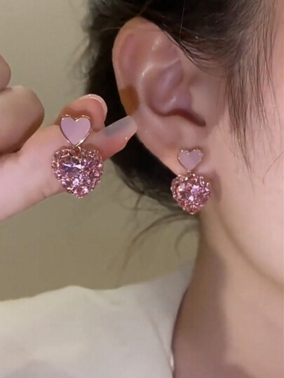 1pair Fashionable Simple Heart Shaped Rhinestone Stud Earrings Suitable For Daily Wear Valentines,Mom,Mother,Mother's Day,Gift