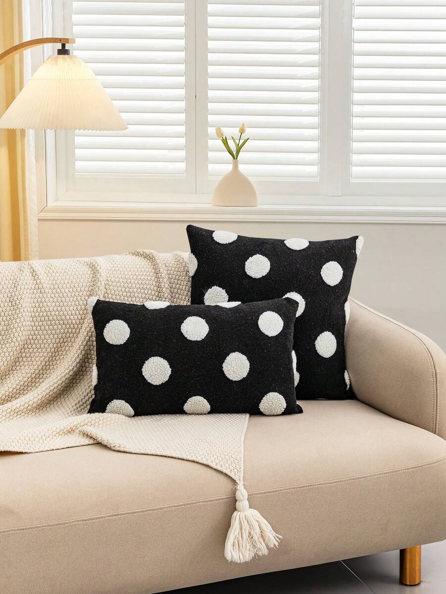1入黑白圓形泡泡紋絨布枕套,天鵝絨面料,波西米亞風格,柔軟靠墊套,適用於客廳,臥室,沙發,床,全季節,室內枕頭