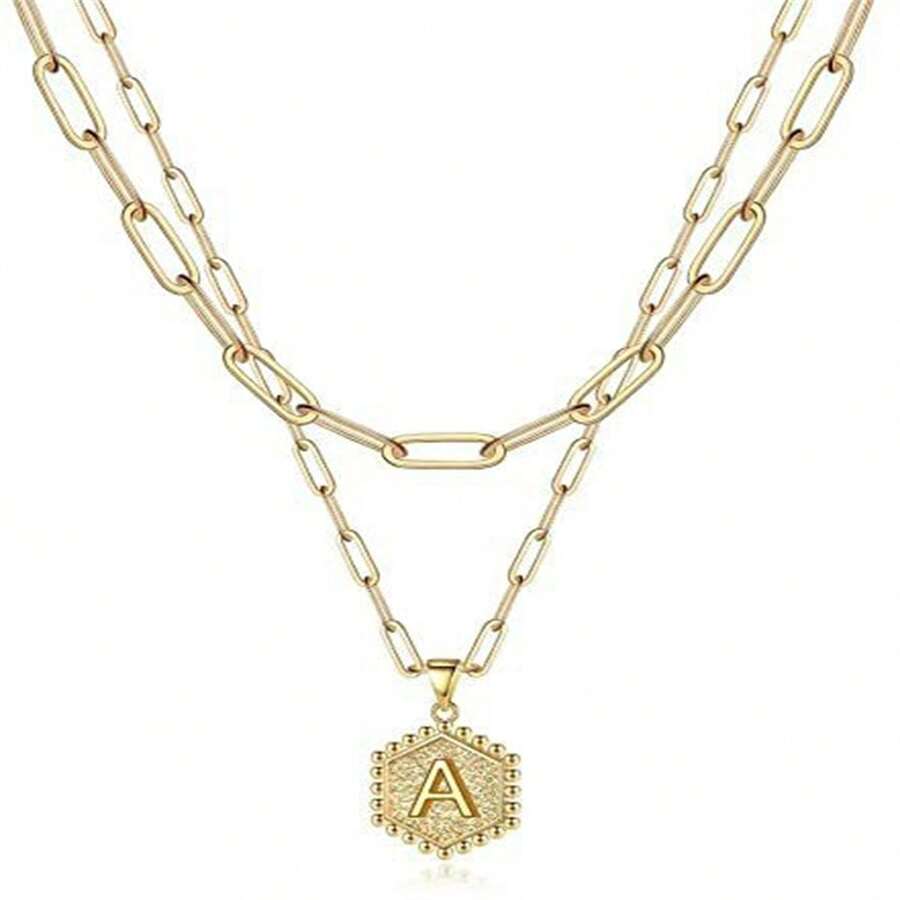 1pc Multi-layered 26 Letter Pendant Necklace With Hexagonal Collarbone Chain