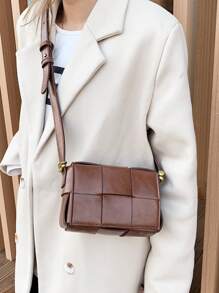 1 件棕色时尚编织简约方形斜挎包，时尚复古结构手提包，适合日常使用 - 棕色 - 查看 2