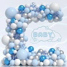 117入組藍色氣球花環套件,包括藍色和白色氣球花環帶、金屬珍珠藍和白色銀色氣球、藍色氣球拱門製作工具套裝,適用於男生嬰兒派對、生日派對場景裝飾